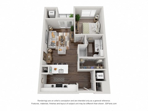 Floor plan for 1 bed, 1 bath, 681 sqft